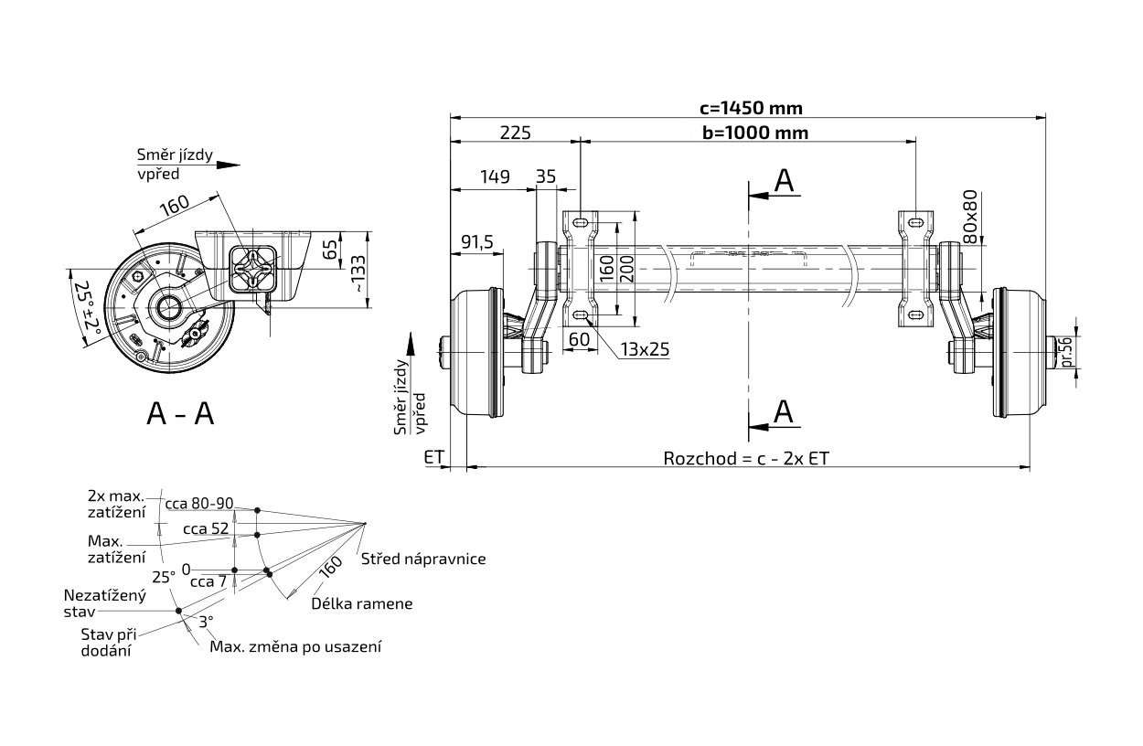 Náprava KNOTT VGB 13 (1350 kg) b=1000 mm, c=1450 mm, 200x50, 112x5 č.1