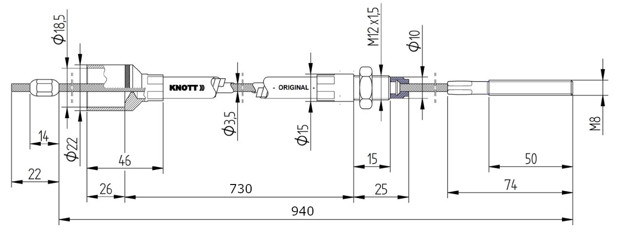 Lanovod brzdový KNOTT  730/940 mm, závit M8 č.2