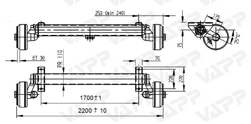 Náprava AL-KO Plus B 1800-9 (1800 kg) a=1700 mm, c=2200 mm, 2361, 112x5 č.2