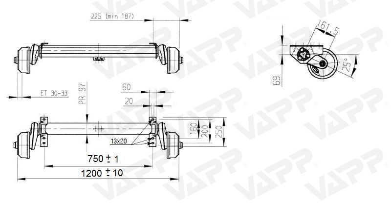 Náprava AL-KO Compact B 1200-6 (1350 kg) a= 750 mm, c=1200 mm, 2051, 112x5 č.2