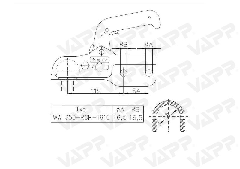 Tažná spojka Winterhoff WW 350 R-CH, 3500 kg, 60 mm, H16 č.2