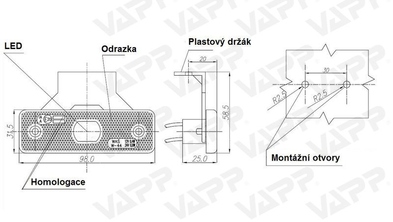 Svítilna boční obrysová LED WAS W44/217Z, 12-24V, s odrazkou, na držáku č.2