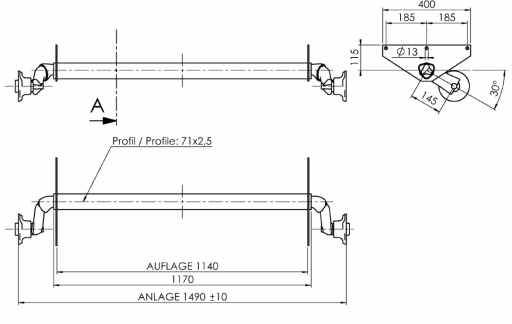 Náprava AL-KO UBR  700-5 (750 kg) a=1140 mm, c=1490 mm, 100x4, Sportjacht č.2