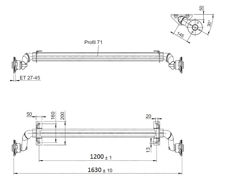 Náprava AL-KO UBR  700-5 (750 kg) a=1200 mm, c=1630 mm, 100x4, patky 50 č.2