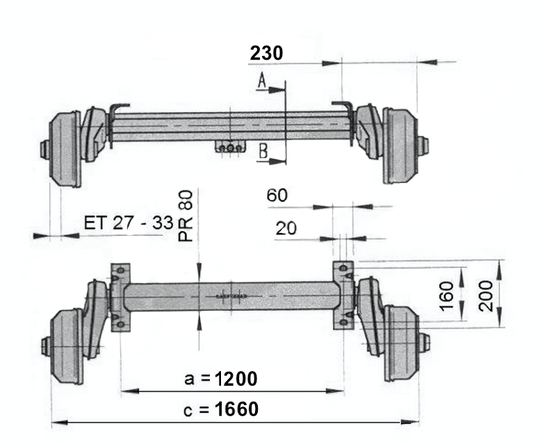 Náprava AL-KO Compact B  850-10 (1000 kg) a=1200 mm, 100x4 č.2