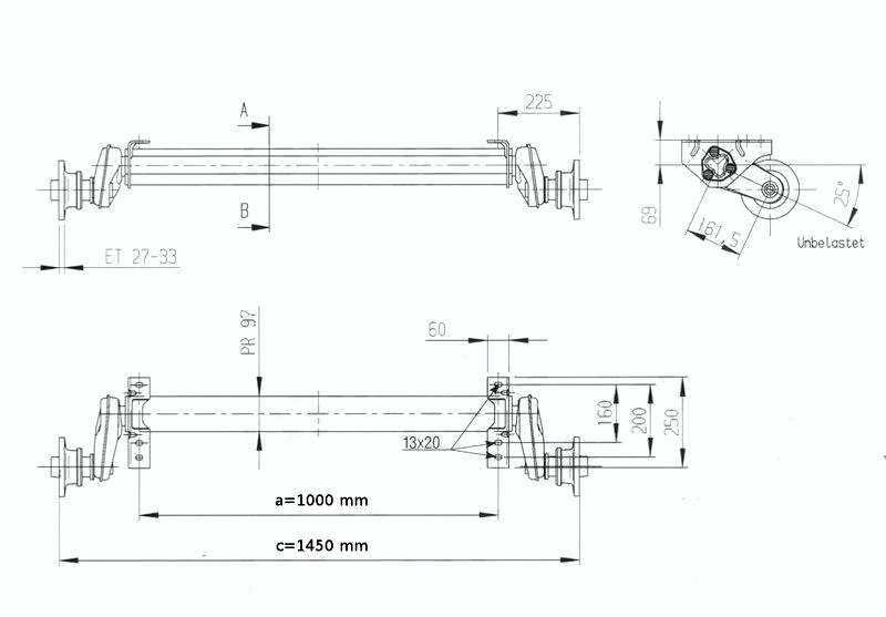 Náprava AL-KO UBR 1200-5 (1300 kg) a=1000 mm, c=1450 mm, 100x4, patky 90 č.2