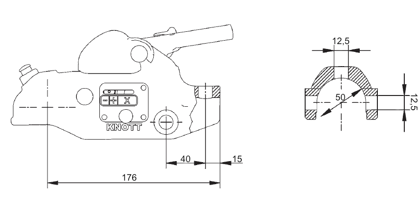 Tažná spojka KNOTT AV30-B, 3000 kg, 50 mm, H12V12 + integrovaný zámek č.4