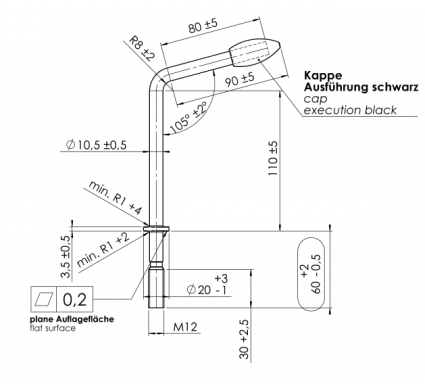 Klička držáku opěrného kolečka M12x60 mm (k držáku 48 mm) prodloužená 150V/200V č.2