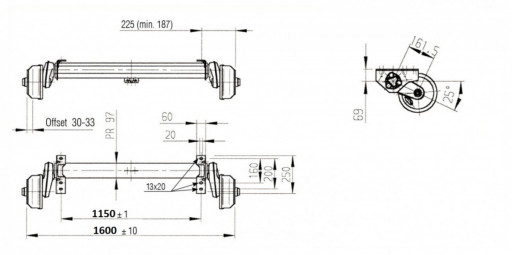 Náprava AL-KO Compact B 1200-6 (1350 kg) a=1150 mm, c=1600 mm, 2051, 112x5 č.2