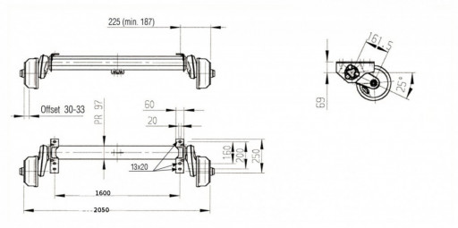 Náprava AL-KO Compact B 1200-6 (1350 kg) a=1600 mm, c=2050 mm, 2051, 112x5 č.2