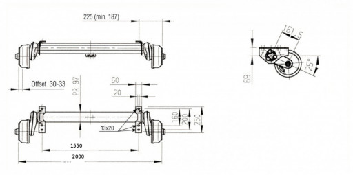 Náprava AL-KO Compact B 1200-6 (1350 kg) a=1550 mm, c=2000 mm, 2051, 112x5 č.2