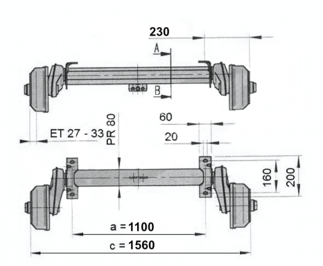 Náprava AL-KO Compact B  850-10 (1000 kg) a=1100 mm, c=1560 mm, 2051, 100x4 č.2