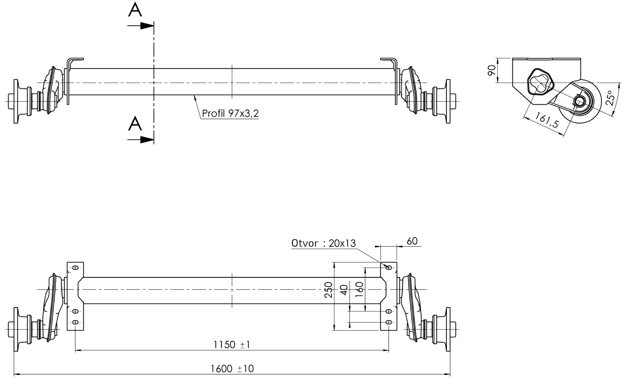 Náprava AL-KO UBR 1200-5 (1300 kg) a=1150 mm, c=1600 mm, 100x4, patky 90 č.2
