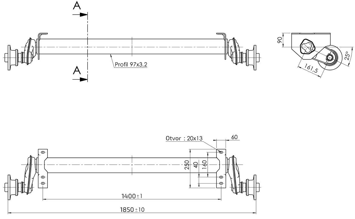 Náprava AL-KO UBR 1200-5 (1300 kg) a=1400 mm, c=1850 mm, 100x4, patky 90 č.2
