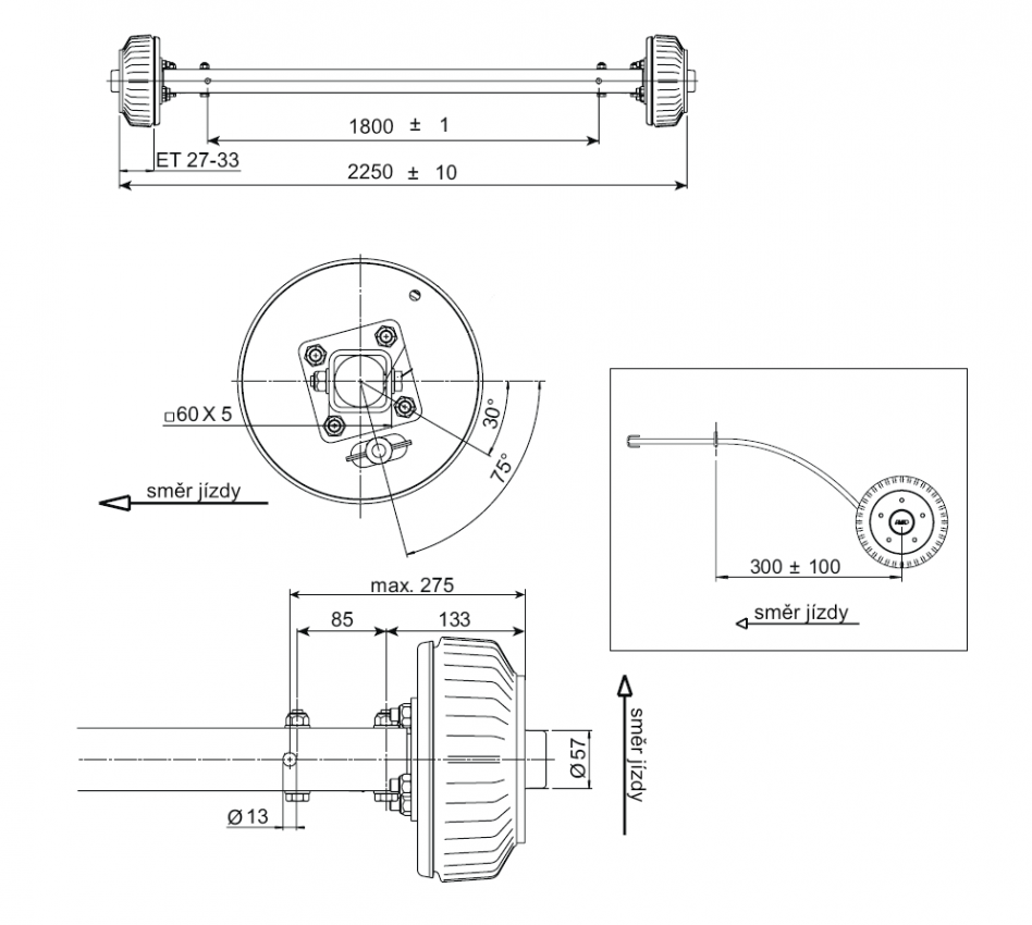 Náprava AL-KO Starr Plus BS (1500kg) a=1800 mm, c=2250 mm, 2051Ab, 112x5 č.2