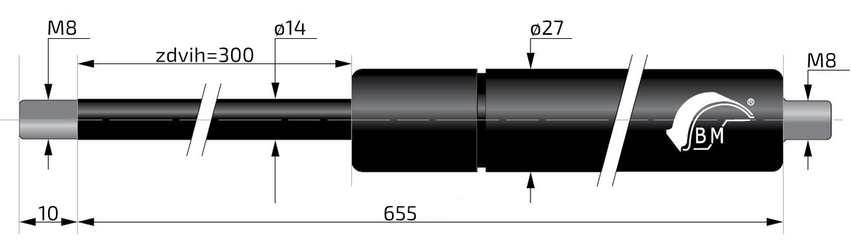 Plynová vzpěra  Berthold Marx  655 mm, 1100N, 14/27 M8 č.1