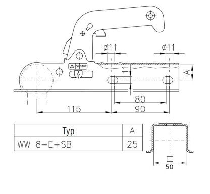 Tažná spojka Winterhoff WW 8-E, 800 kg, 50x50 mm, H10V10 č.4