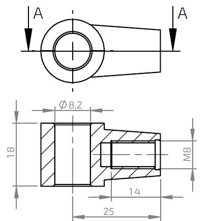 Oko k plynové vzpěře BM, pr. 8,2x18mm, c=25mm, pro závit M8, zamak č.2
