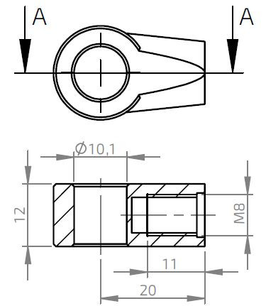Oko k plynové vzpěře BM, pr. 10,1x12mm, c=20mm, pro závit M8, zamak č.1
