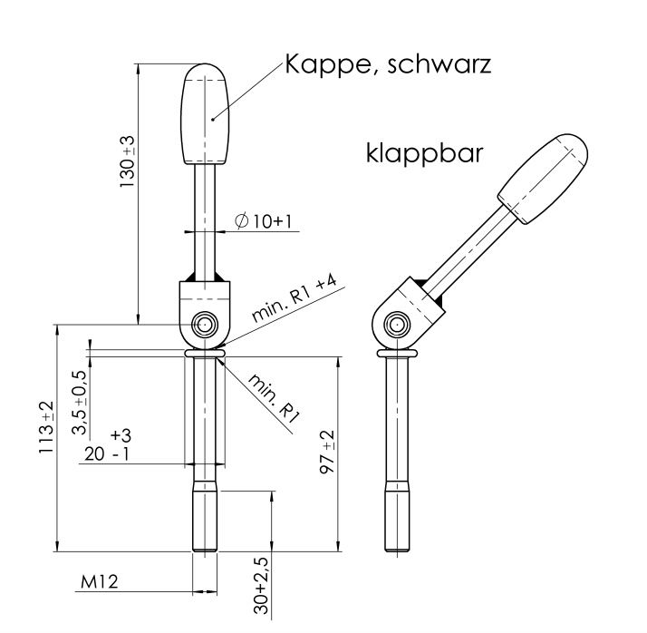 Klička držáku opěrného kolečka M12x100 mm (k držáku 60 mm) sklopná č.2
