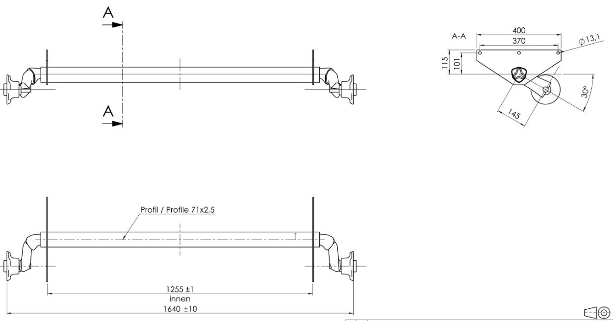 Náprava AL-KO UBR  700-5 (750 kg) a=1255 mm, c=1640 mm, 100x4, patky 115 (Maro) č.1