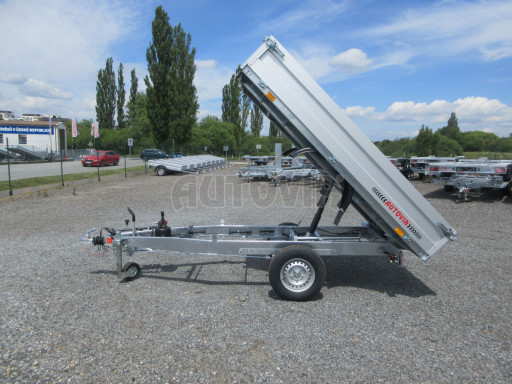 Sklápěcí přívěs DLT 1,3T 2,57x1,48/0,35 ruč, plech podlaha
